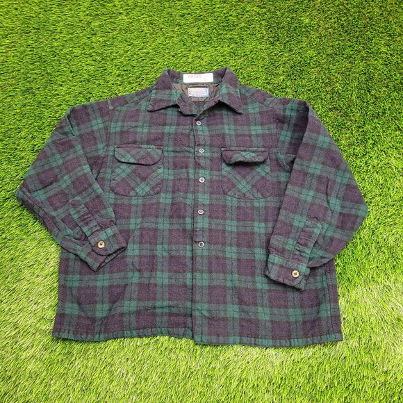 Vintage 70s Pendleton Plaid Button Shirt XL 24x24 Boxy Green - Picture 1 of 10